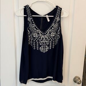 Xhilaration Dark Blue Sleeveless Blouse with White Embroidery